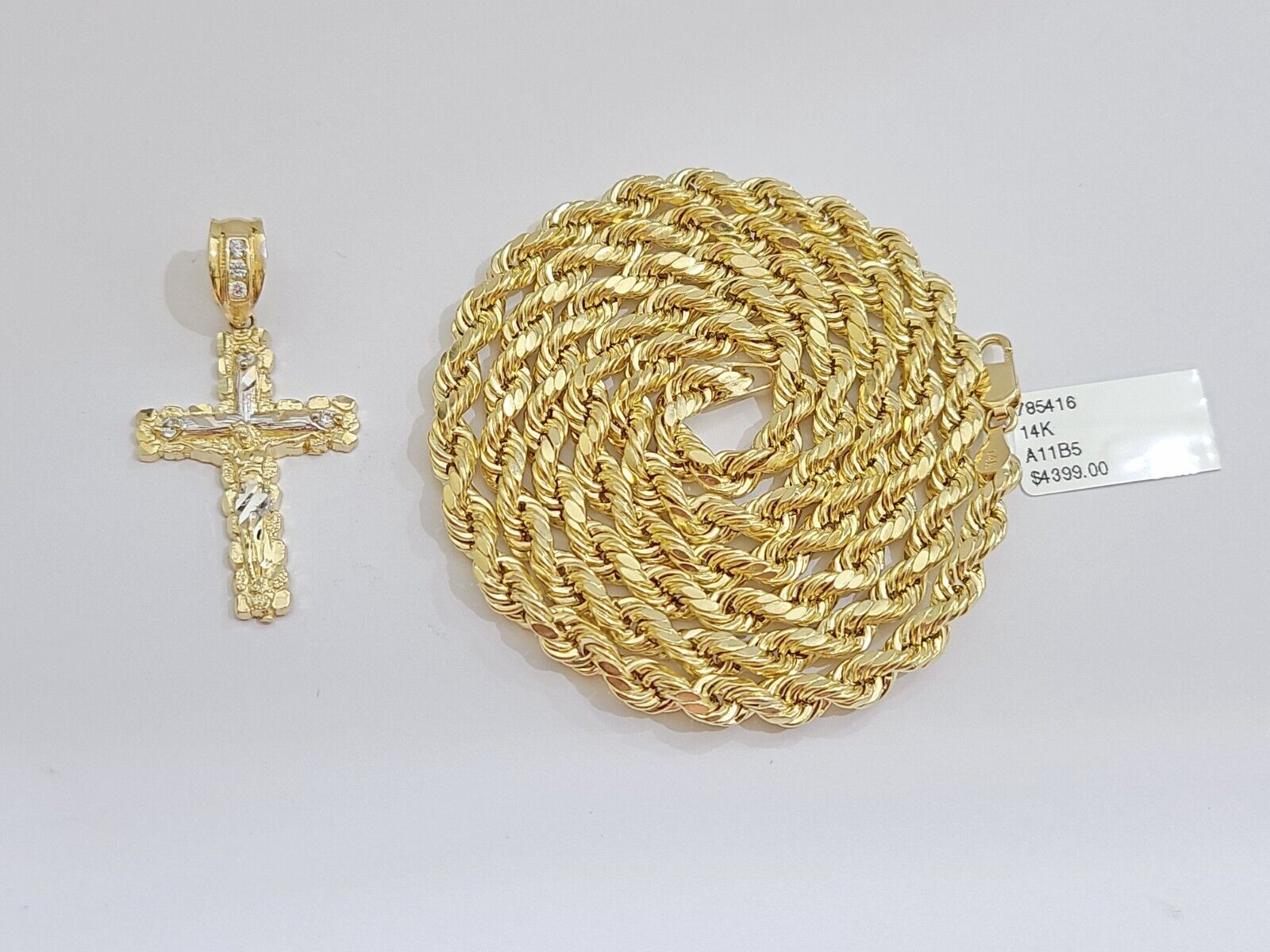 Real 14k Yellow Gold Rope Chain 26'' Necklace Jesus Crucifix Cross Charm Pendant - GoldenlinQ