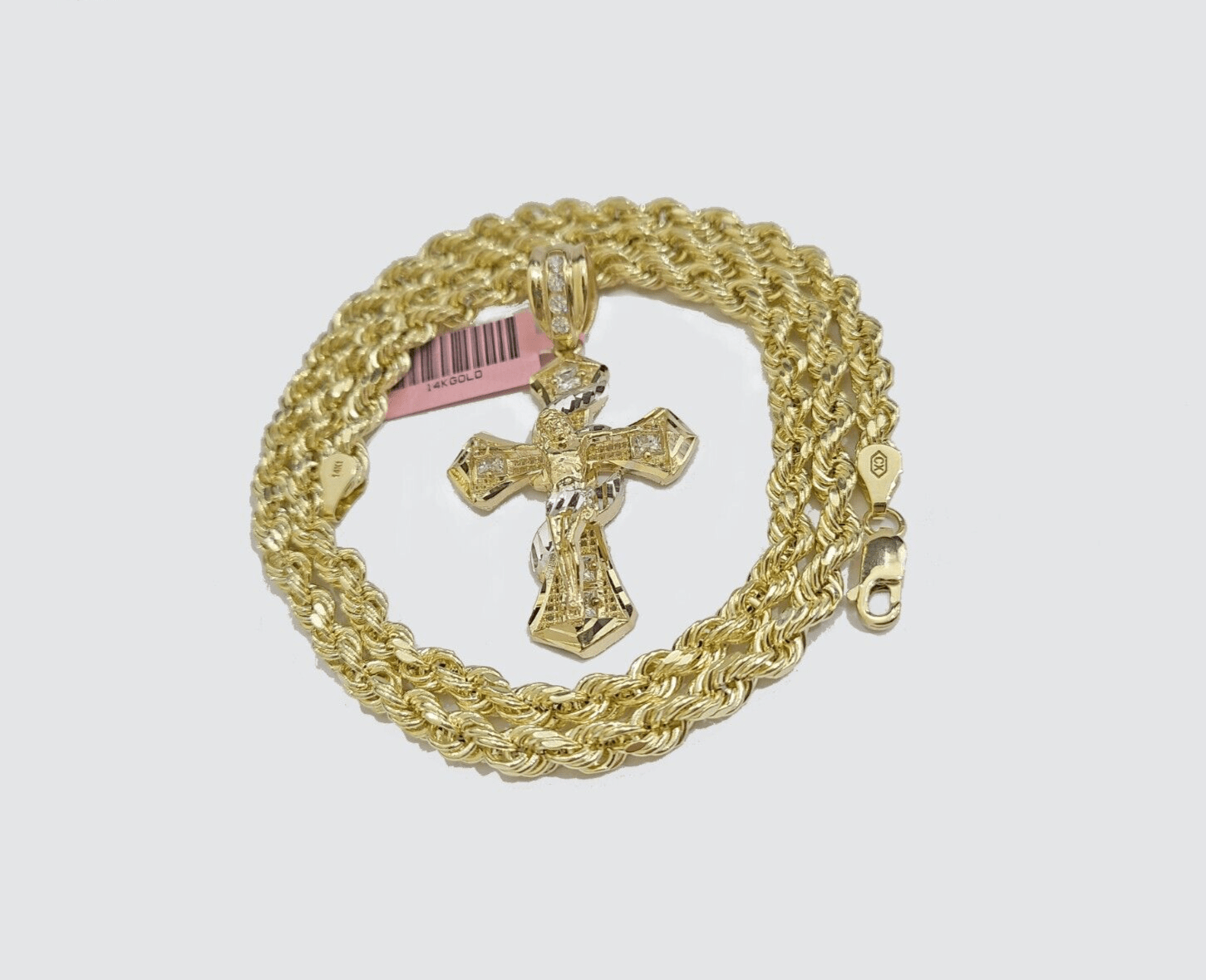 Real 14k Yellow Gold Rope Chain 5mm 18'' Necklace Jesus Cross Charm Pendant 14kt - GoldenlinQ