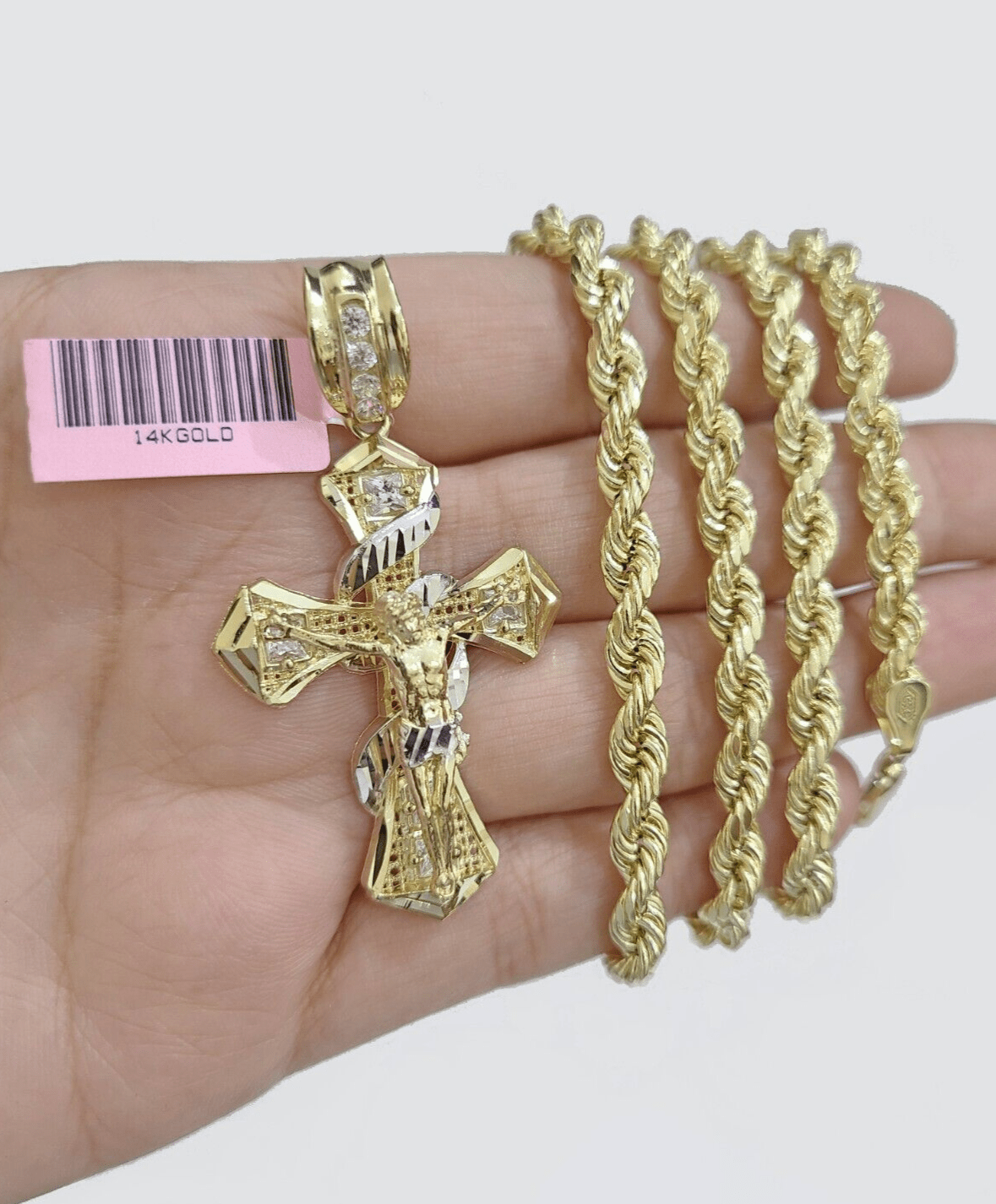 Real 14k Yellow Gold Rope Chain 5mm 20'' Necklace Jesus Cross Charm Pendant 14kt - GoldenlinQ