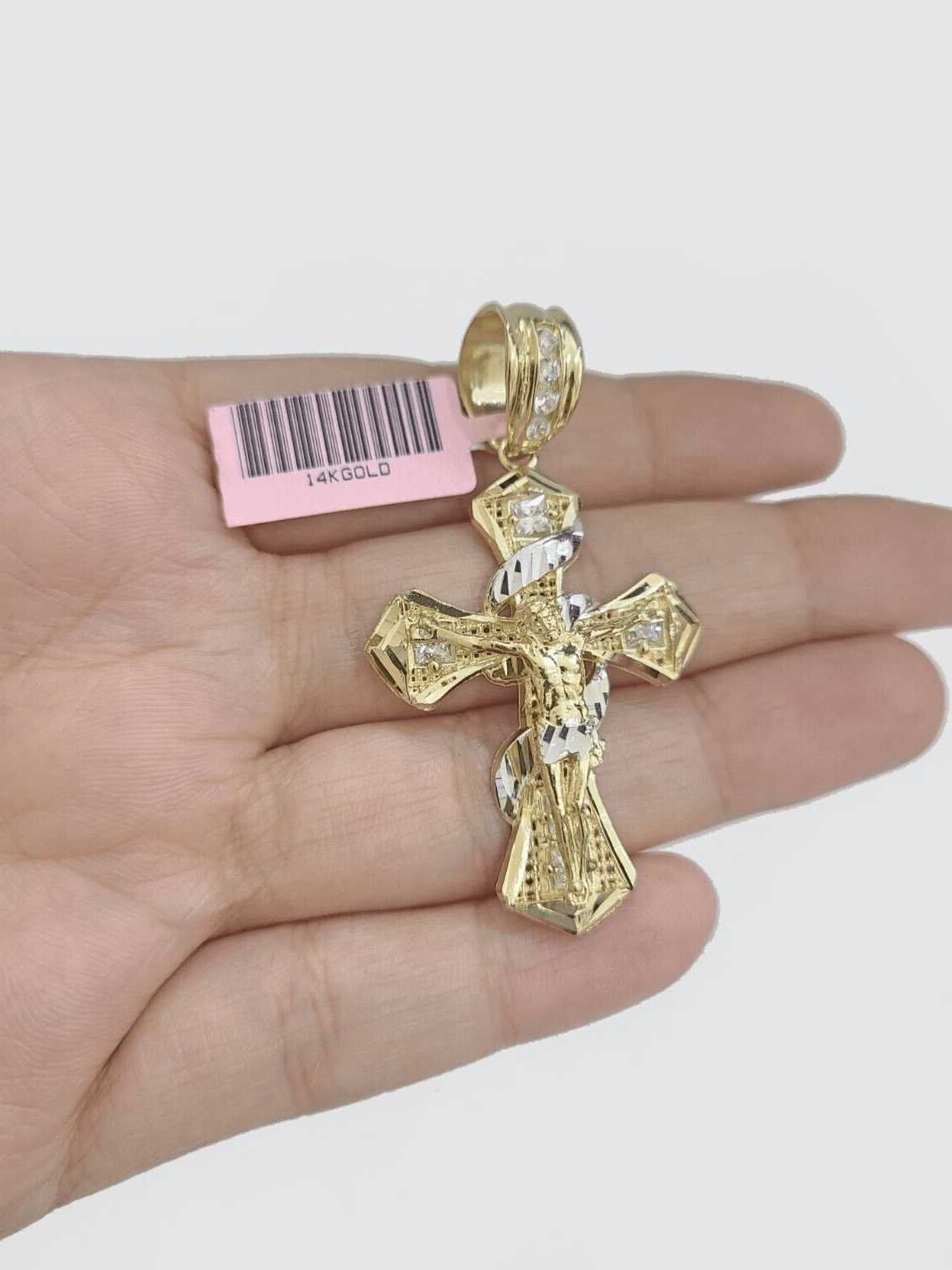 Real 14k Yellow Gold Rope Chain 5mm 22'' Necklace Jesus Cross Charm Pendant 14kt - GoldenlinQ
