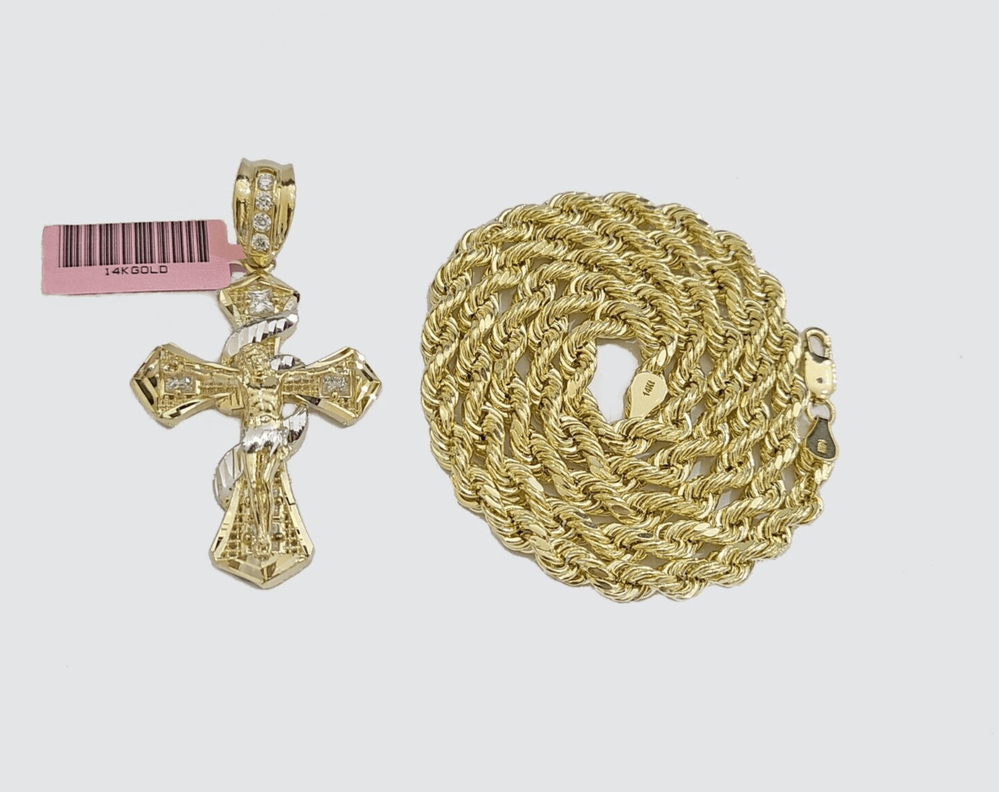 Real 14k Yellow Gold Rope Chain 5mm 26'' Necklace Jesus Cross Charm Pendant 14kt - GoldenlinQ