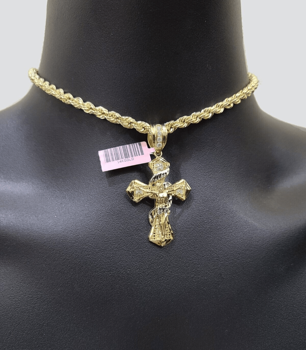 Real 14k Yellow Gold Rope Chain 5mm 26'' Necklace Jesus Cross Charm Pendant 14kt - GoldenlinQ