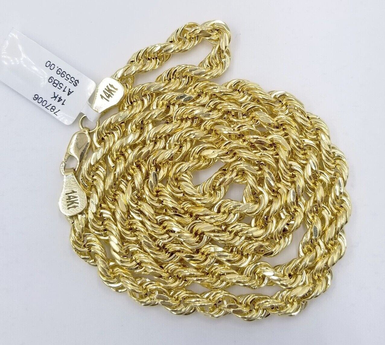 Real 14K Yellow Gold Rope Chain Necklace 5mm 22" 24" 26" inch for Men, Lobster - GoldenlinQ
