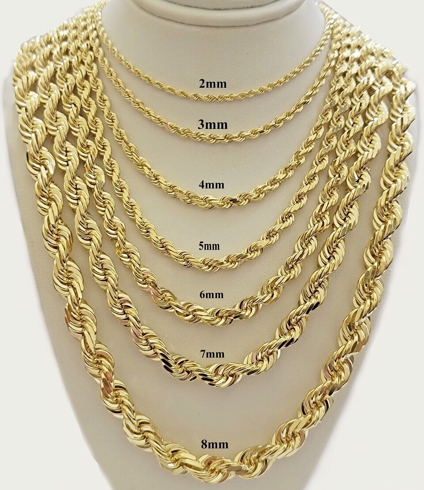 Real 14k Yellow Gold Rope Chain Solid Necklace 2mm-10mm 18"-30" Diamond Cut 14k