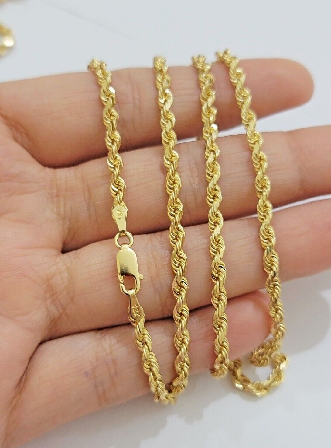 Real 18kt Yellow Gold Rope chain necklace 3mm 18 Inch Men women SOLID HEAVY SALE - GoldenlinQ