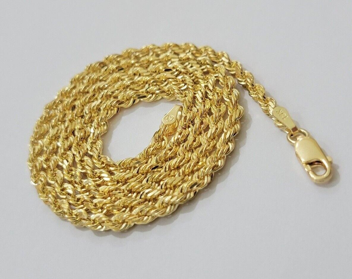 Real 18kt Yellow Gold Rope Chain Necklace 3mm 22 Inch Men Women SOLID HEAVY SALE - GoldenlinQ