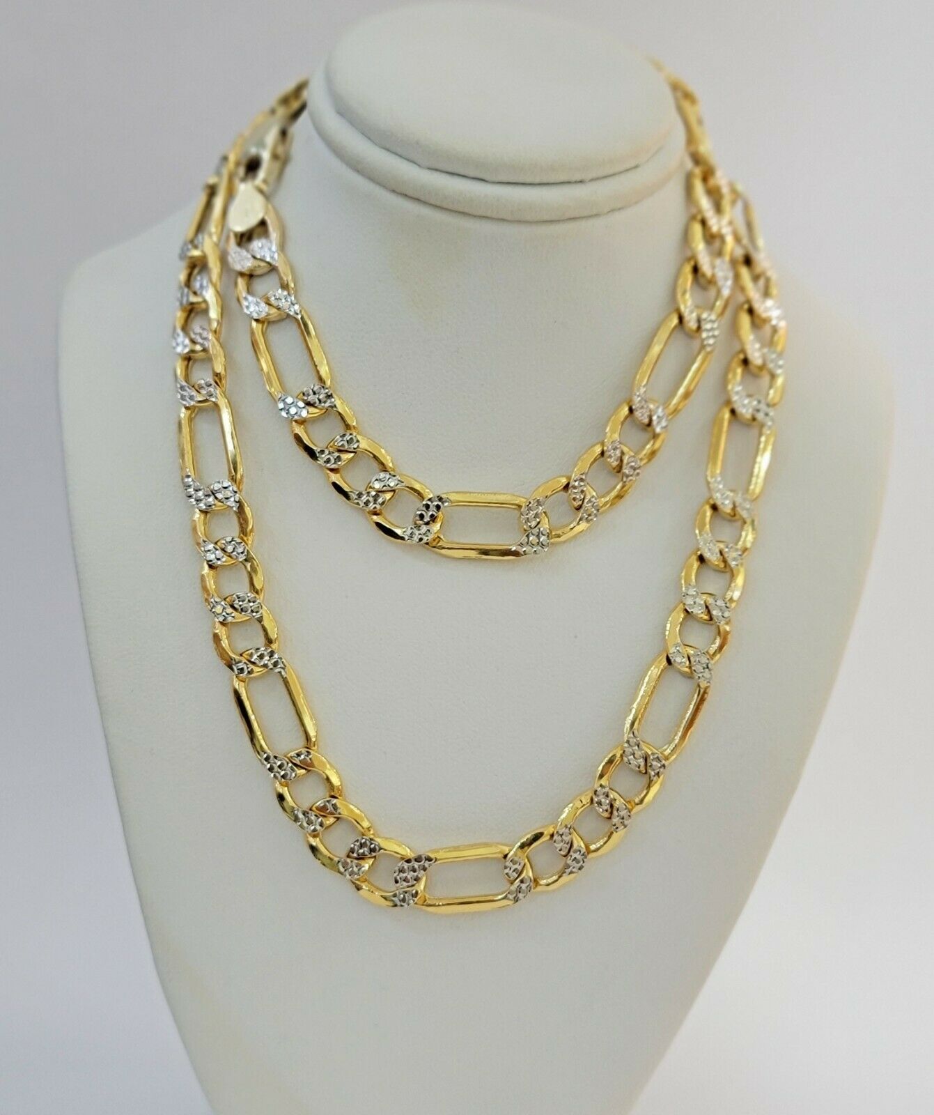 Real Gold 10k Figaro Necklace Men's Chain 9mm 24" Inch Yellow Gold Diamond Cuts - GoldenlinQ