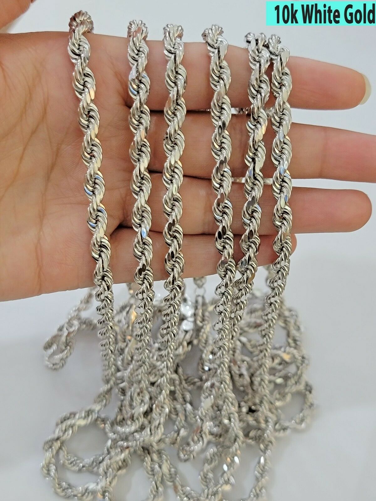 Real Gold 10k Rope Necklace Men's Chain 6mm 20" 22" 24" White Gold Diamond Cuts - GoldenlinQ