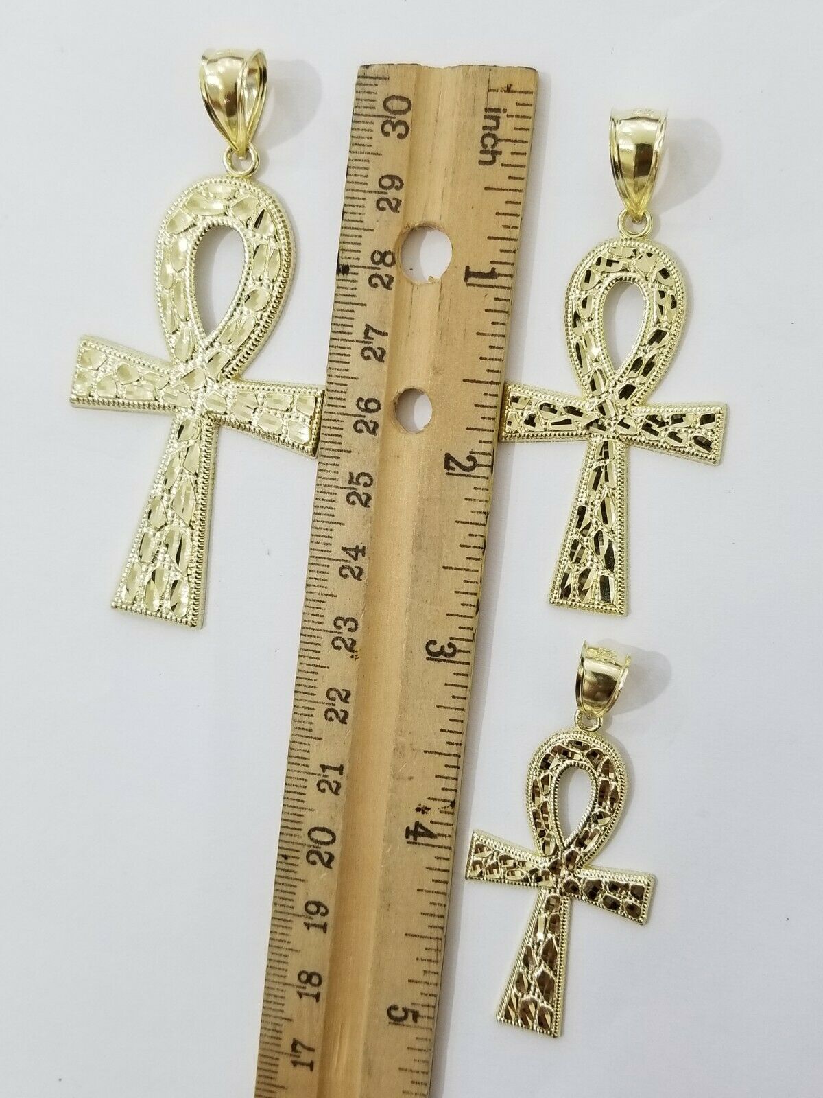 Real Gold Ankh Cross Charm Pendant 10k Yellow Gold Nugget Diamond Cuts Men Women - GoldenlinQ