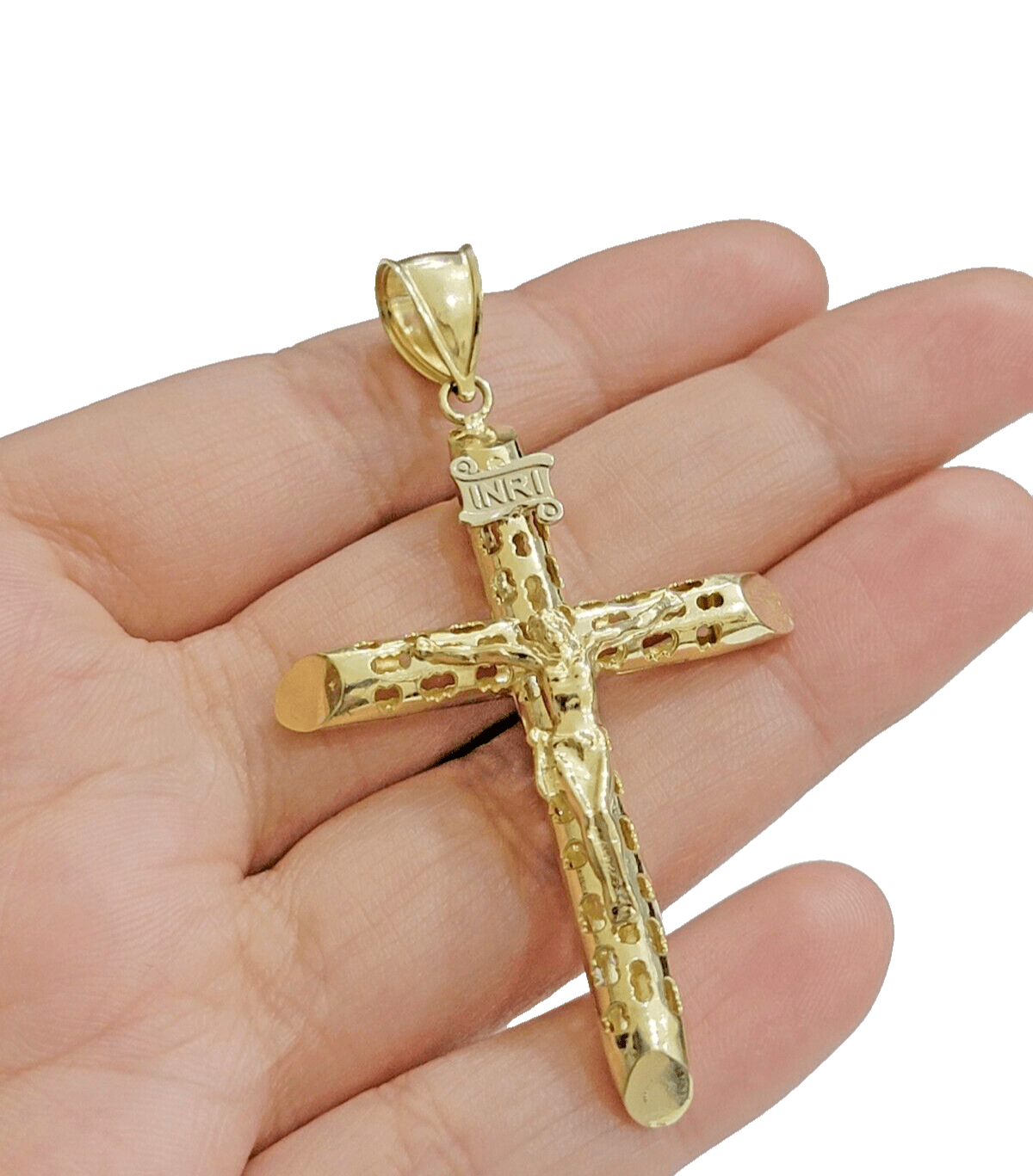 Real Gold Cross Charm Jesus christ pendant INRI crucifix 10k Yellow oro 2.4 Inch - GoldenlinQ