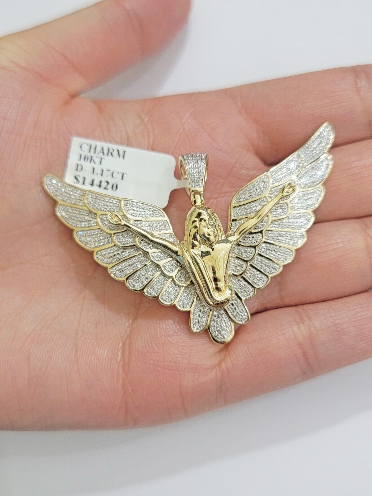 Real Gold Diamond Angel Wing Charm Pendant 10k yellow Gold 1.17 CT Mens 1.5 Inch - GoldenlinQ