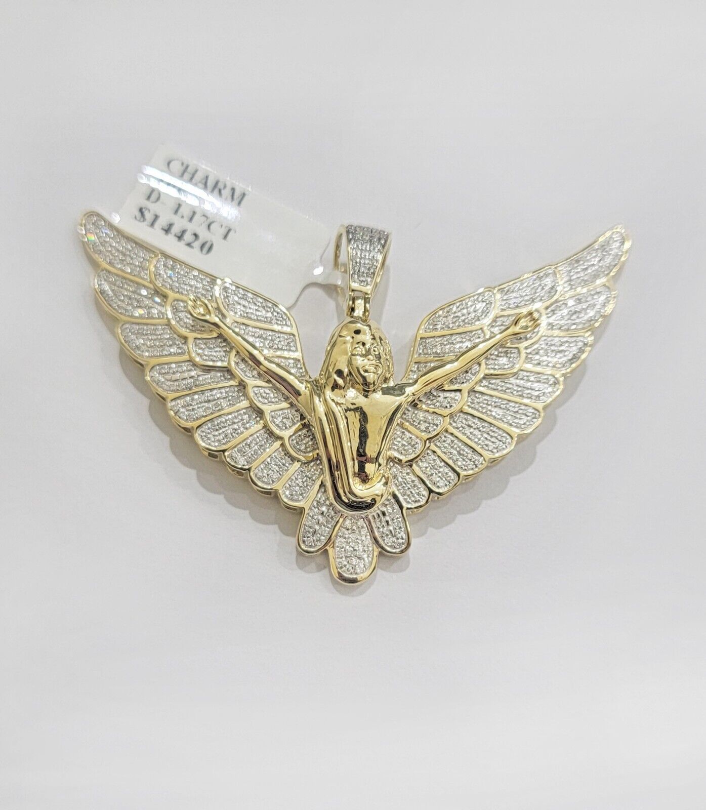 Real Gold Diamond Angel Wing Charm Pendant 10k yellow Gold 1.17 CT Mens 1.5 Inch - GoldenlinQ
