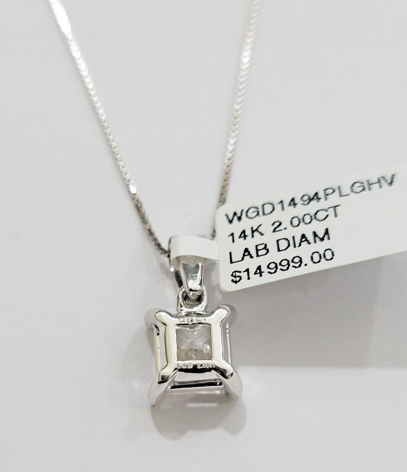 Real Ladies Diamond Solitaire Pendant 2CT 14k White Gold Princess Cut Lab - made - GoldenlinQ