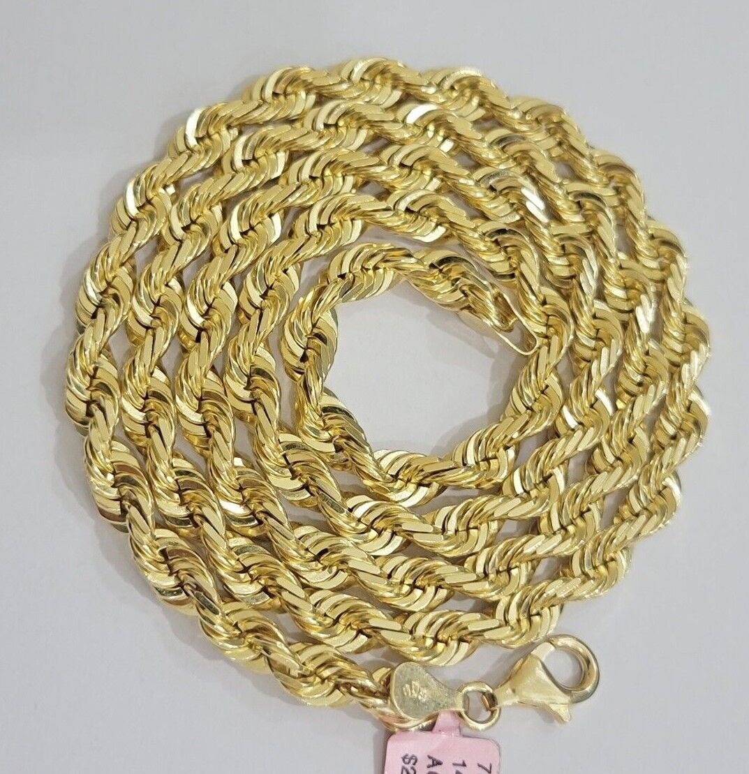 Real Solid Gold 14k Rope Chain Necklace 6mm 20 - 26" Inch Yellow Diamond Cut SALE - GoldenlinQ