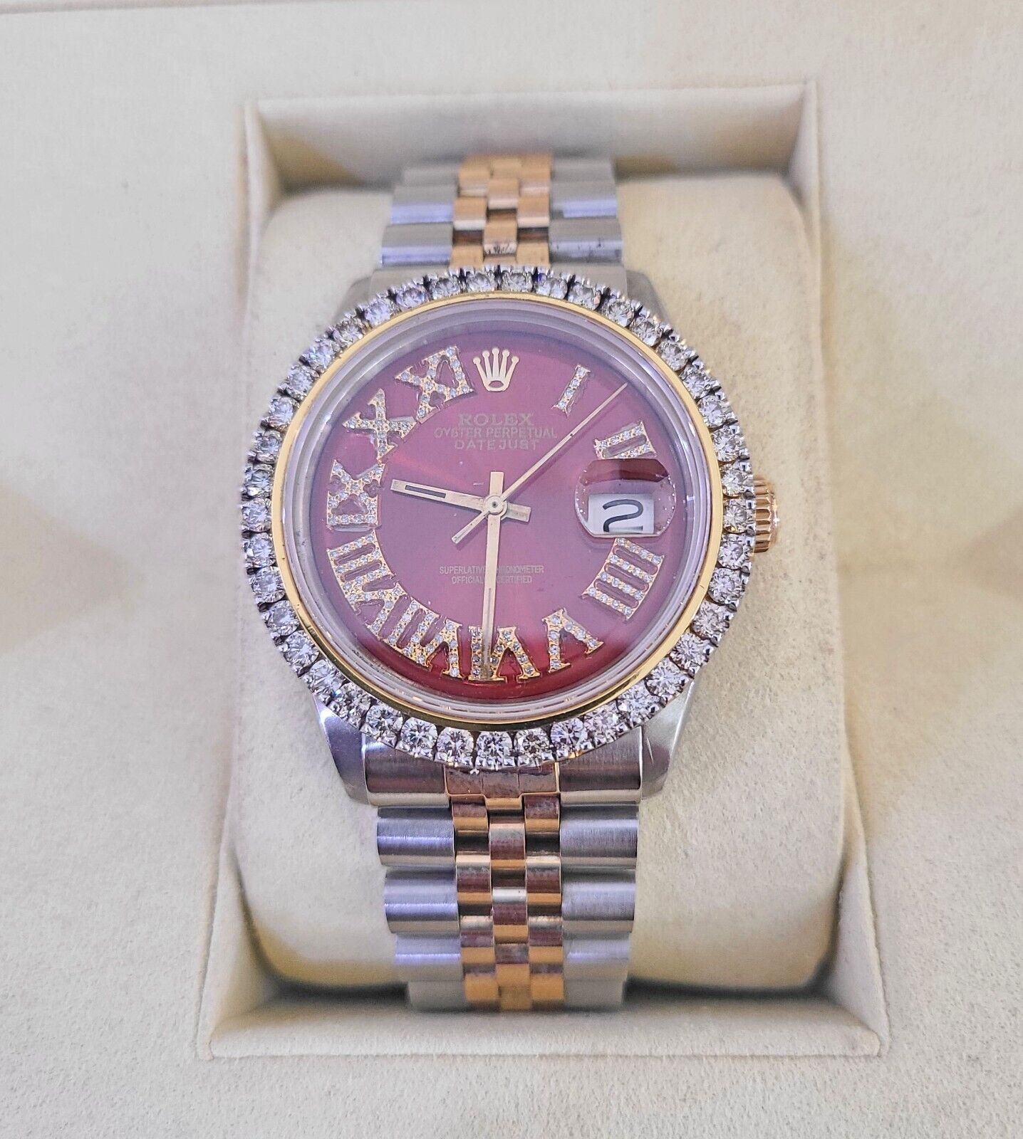 ROLEX Datejust Stainless Watch Red Roman Dial Diamond Bezel 36mm For Men - GoldenlinQ