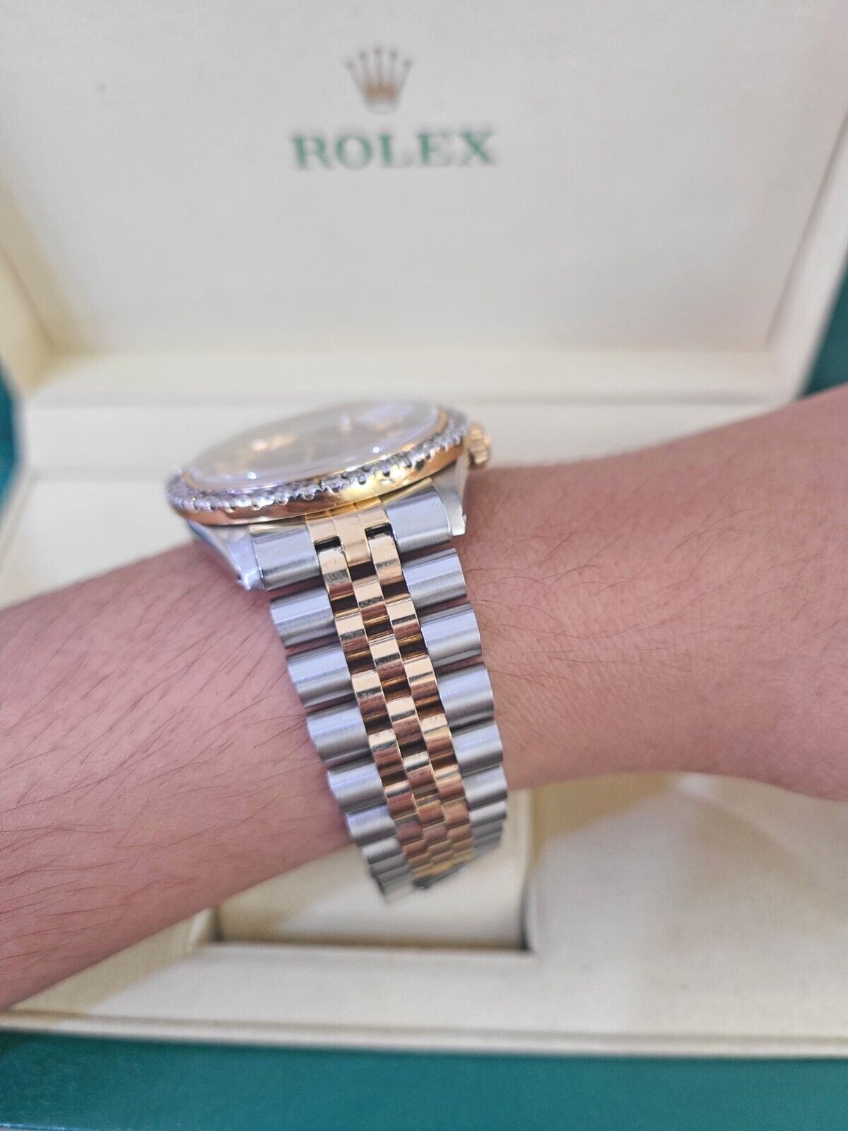 ROLEX Datejust Stainless Watch Red Roman Dial Diamond Bezel 36mm For Men - GoldenlinQ