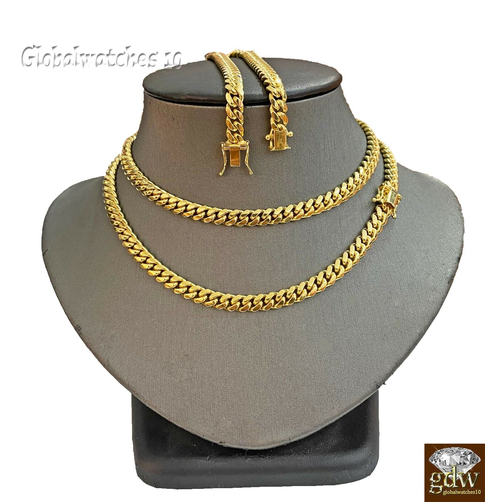 Solid 10k Gold Miami Cuban Link Chain Necklace & Bracelet Set Box Lock Men Heavy - GoldenlinQ