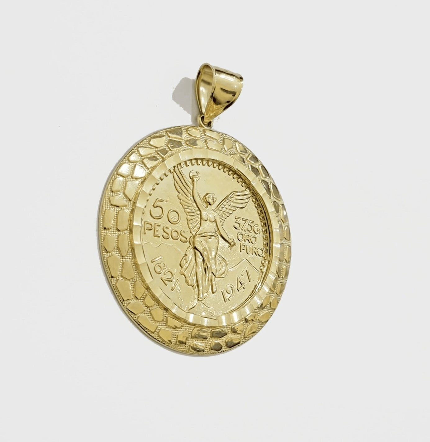 Solid 10k Gold Pendant Replica Nugget 50 Peso 1947 Mexican Centenaro Charm Style - GoldenlinQ