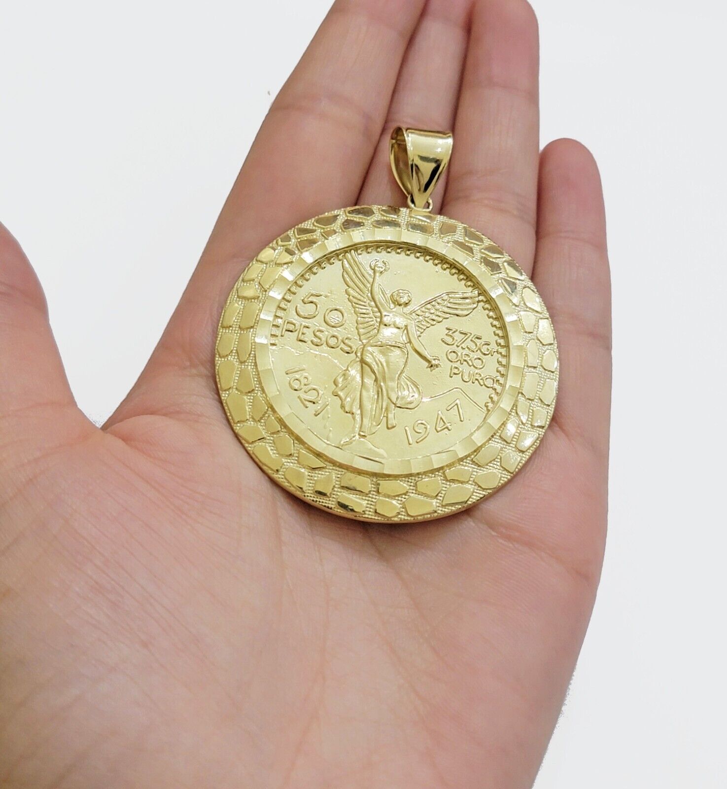 Solid 10k Gold Pendant Replica Nugget 50 Peso 1947 Mexican Centenaro Charm Style - GoldenlinQ