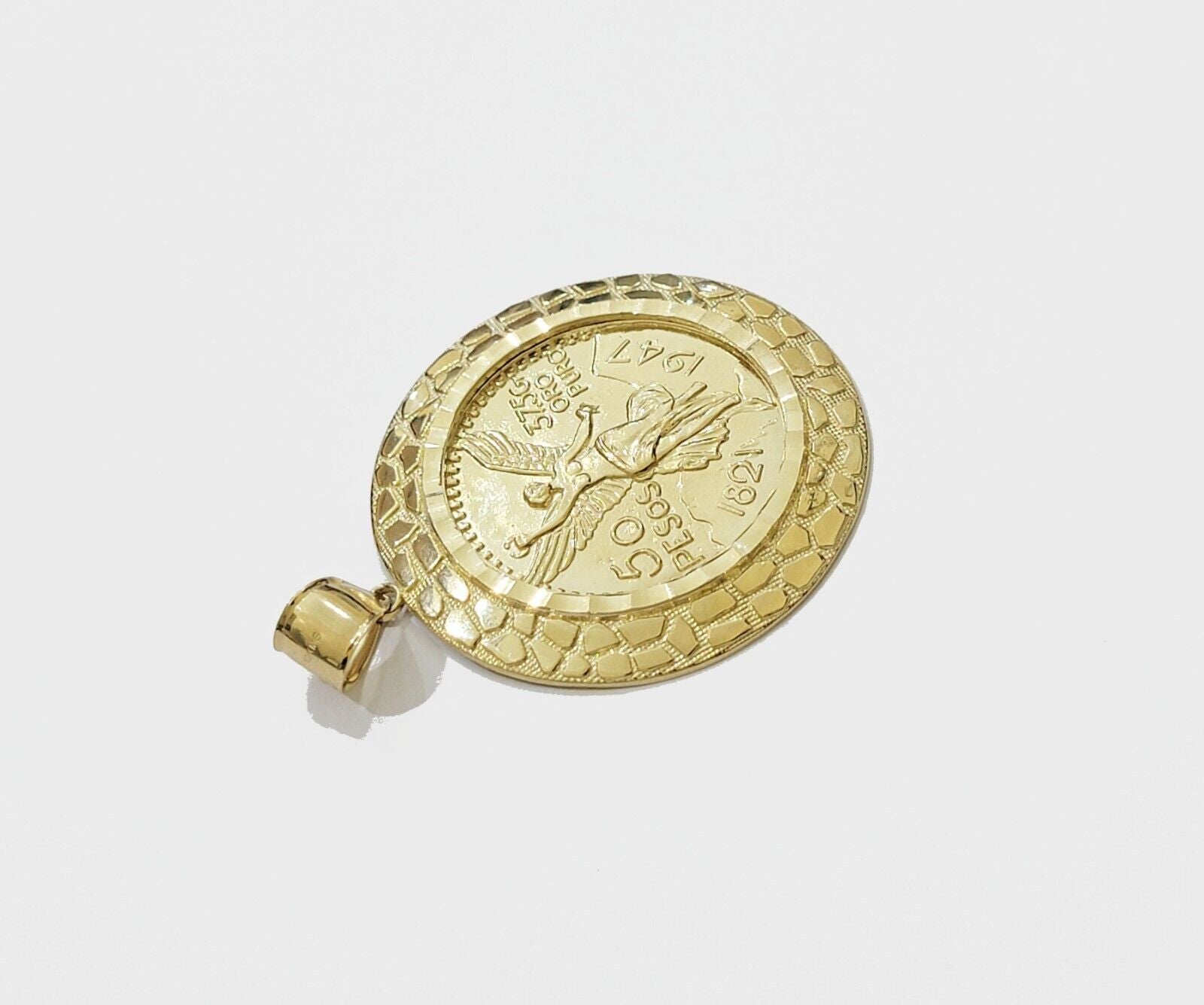 Solid 10k Gold Pendant Replica Nugget 50 Peso 1947 Mexican Centenaro Charm Style - GoldenlinQ