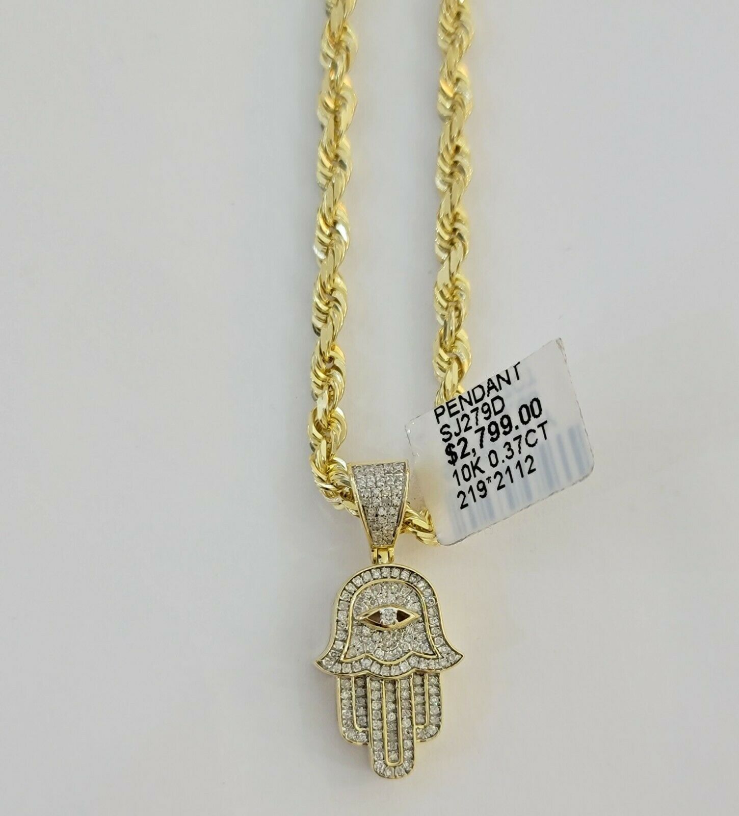 Solid 10k Gold Rope Chain Diamond Pendant Hamza Hand Charm Necklace 22" SET REAL - GoldenlinQ