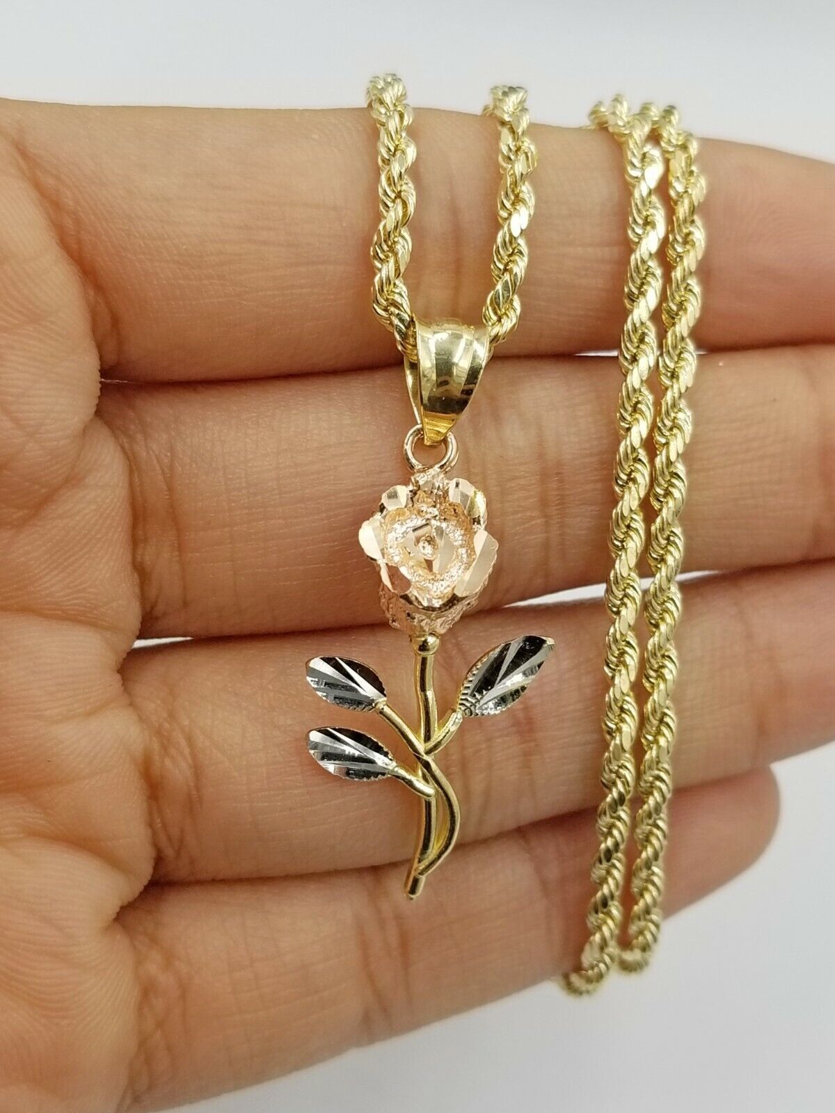 Solid 10k Rose Yellow White Gold Rose Flower Charm Trio Pendant Charm Women REAL - GoldenlinQ
