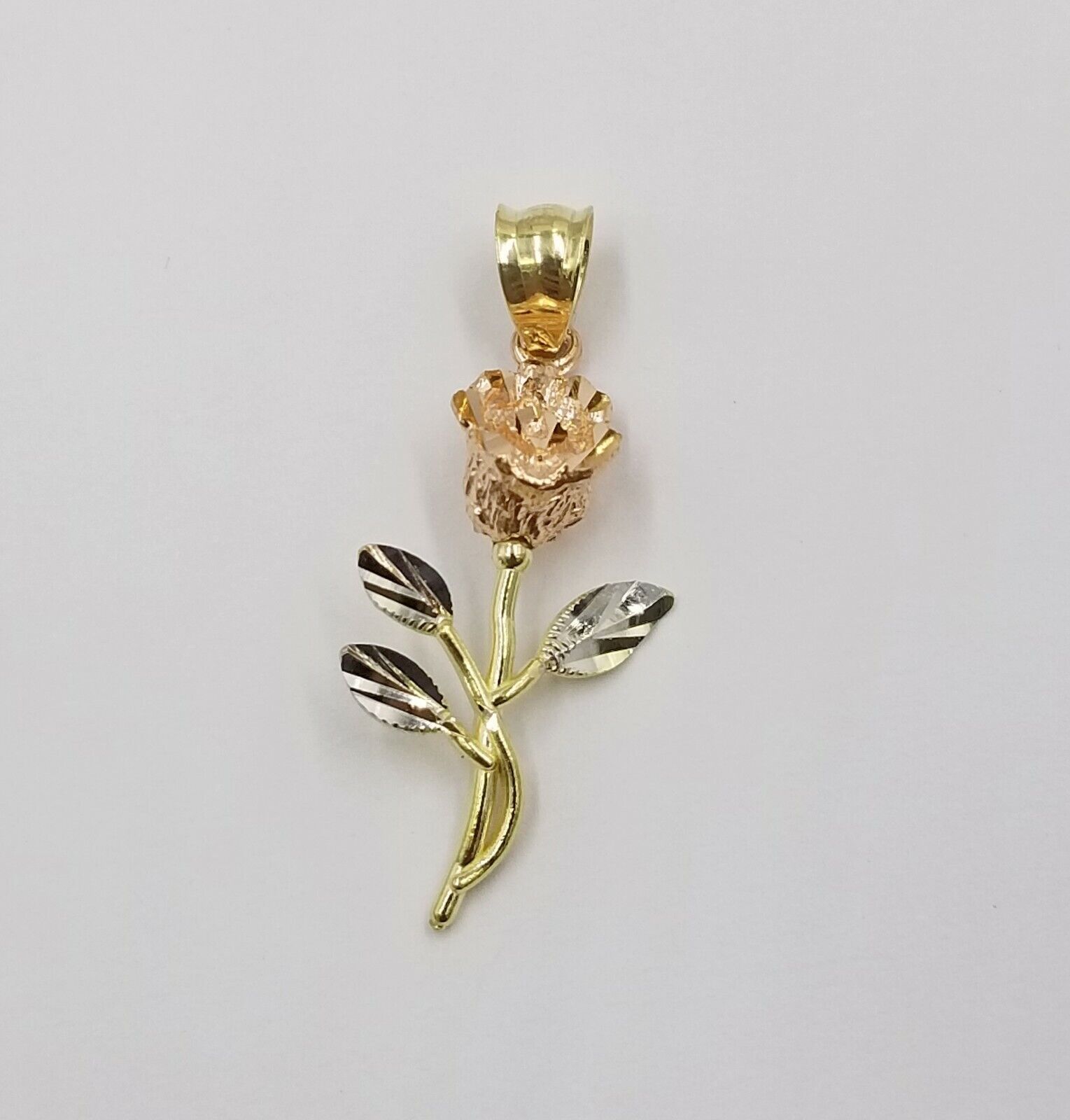 Solid 10k Rose Yellow White Gold Rose Flower Charm Trio Pendant DiamondCut Women - GoldenlinQ