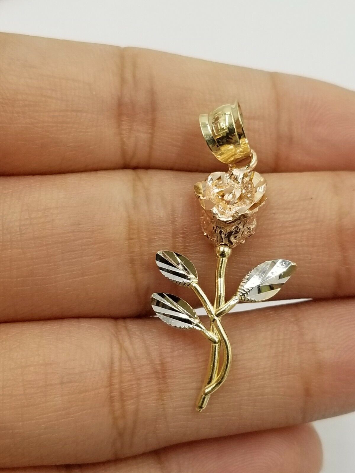Solid 10k Rose Yellow White Gold Rose Flower Charm Trio Pendant DiamondCut Women - GoldenlinQ