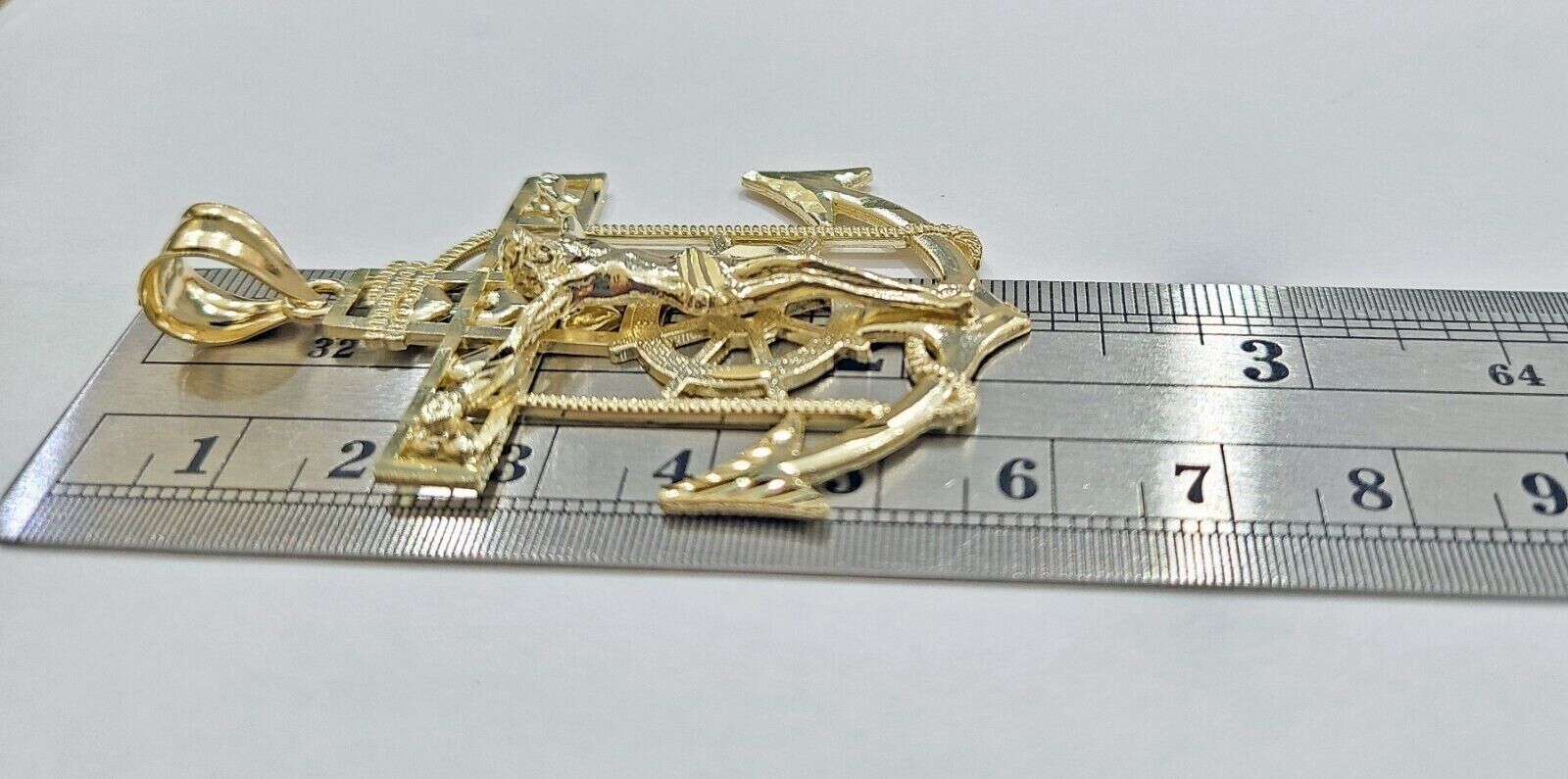 Solid 10k Yellow Gold Charm Anchor Pendant Mens Real 10 KT With Jesus crucifix - GoldenlinQ