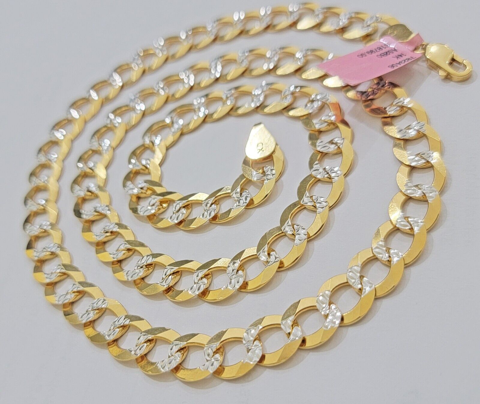 Solid 14k Gold Chain necklace Cuban Curb Link 9.5mm Two - Tone Diamond Cut 20 - 30" - GoldenlinQ