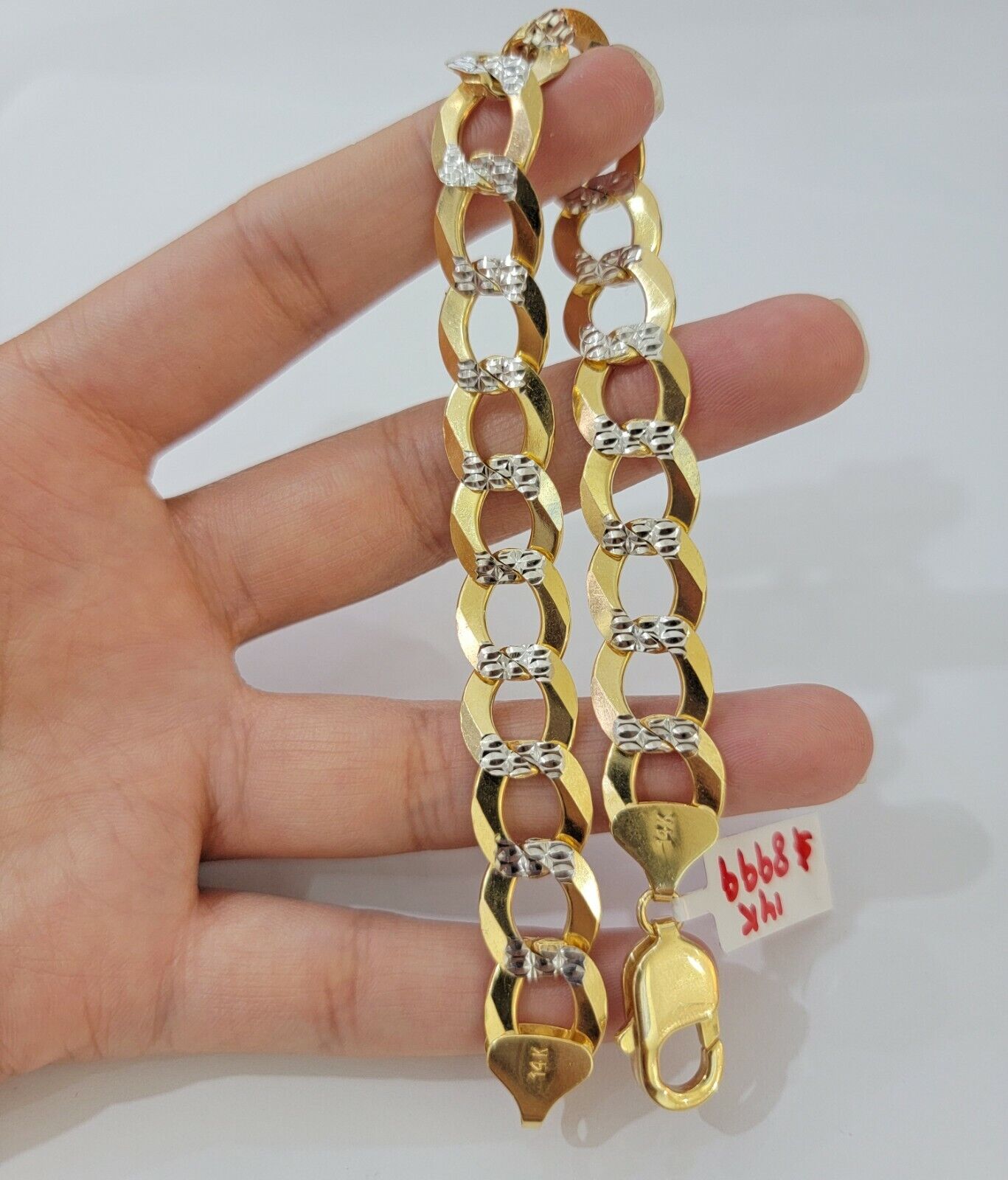 Solid 14k Gold Cuban Curb link Bracelet 9 Inch 13.5mm Two - Tone Diamond Cut Heavy - GoldenlinQ