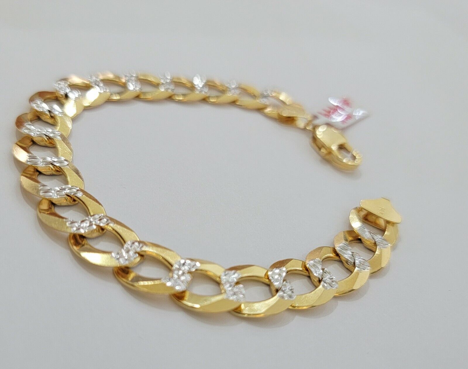 Solid 14k Gold Cuban Curb link Bracelet 9 Inch 13.5mm Two - Tone Diamond Cut Heavy - GoldenlinQ
