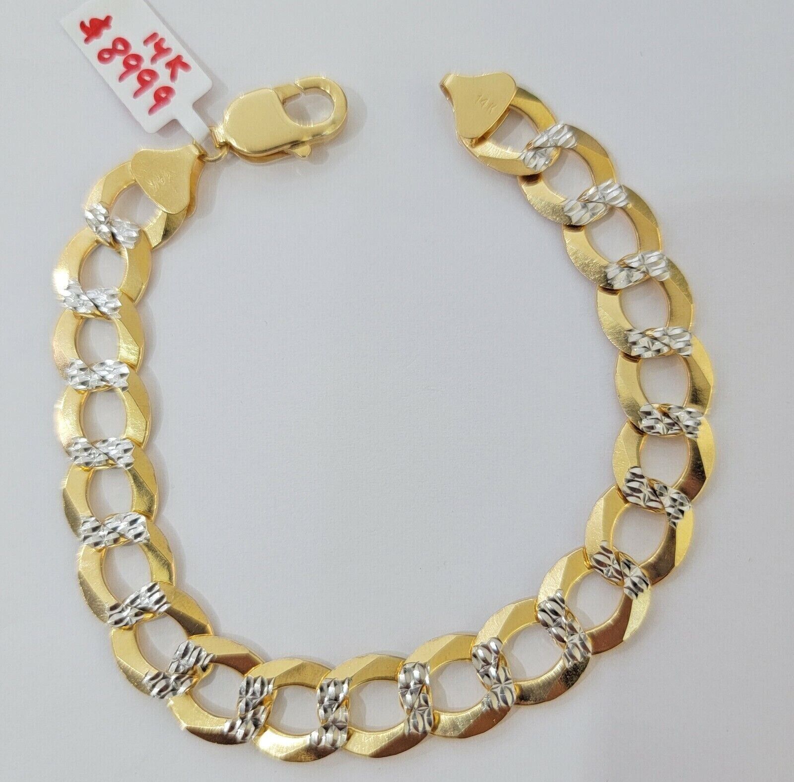 Solid 14k Gold Cuban Curb link Bracelet 9 Inch 13.5mm Two - Tone Diamond Cut Heavy - GoldenlinQ
