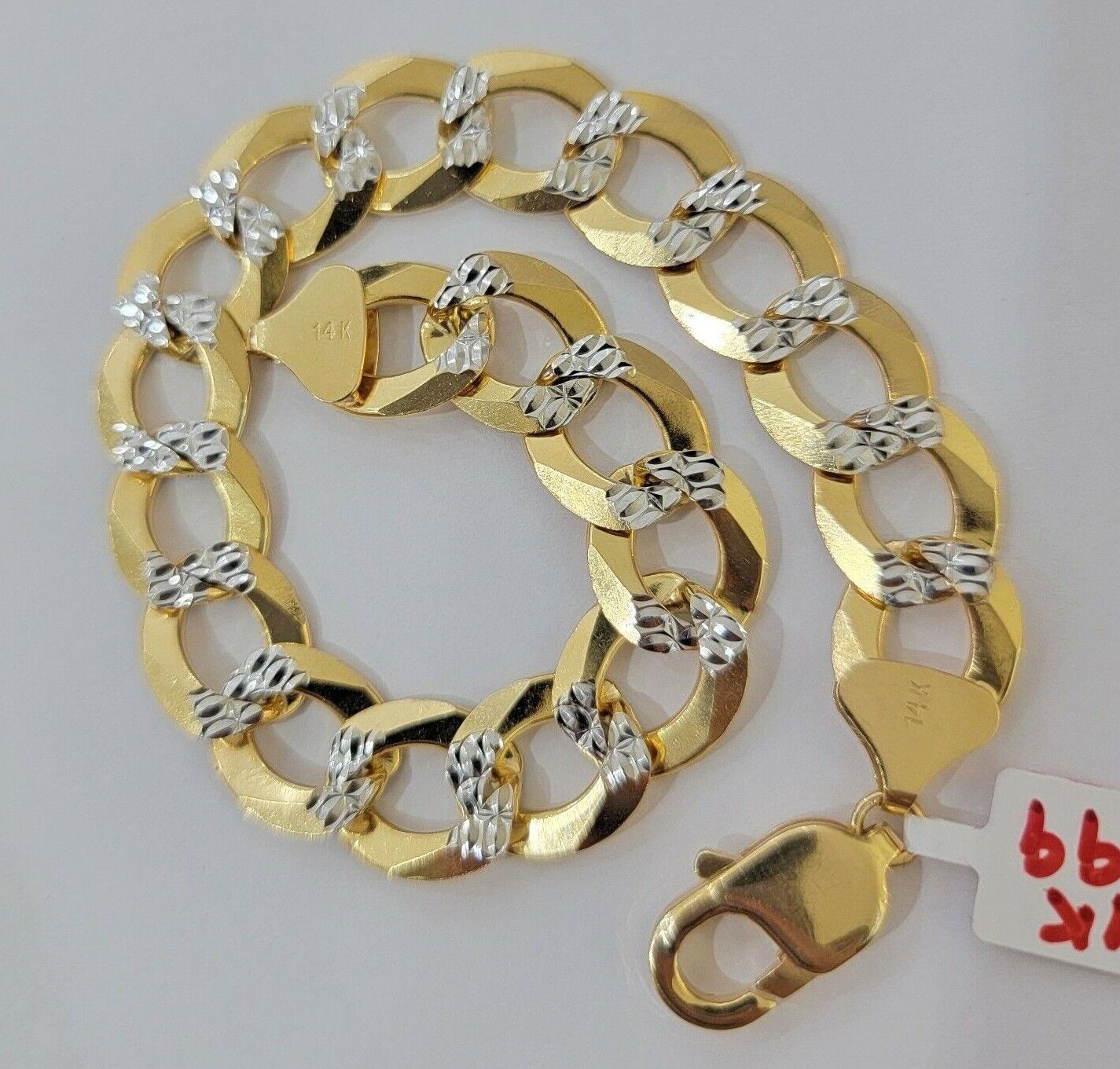 Solid 14k Gold Cuban Curb link Bracelet 9 Inch 13.5mm Two - Tone Diamond Cut Heavy - GoldenlinQ