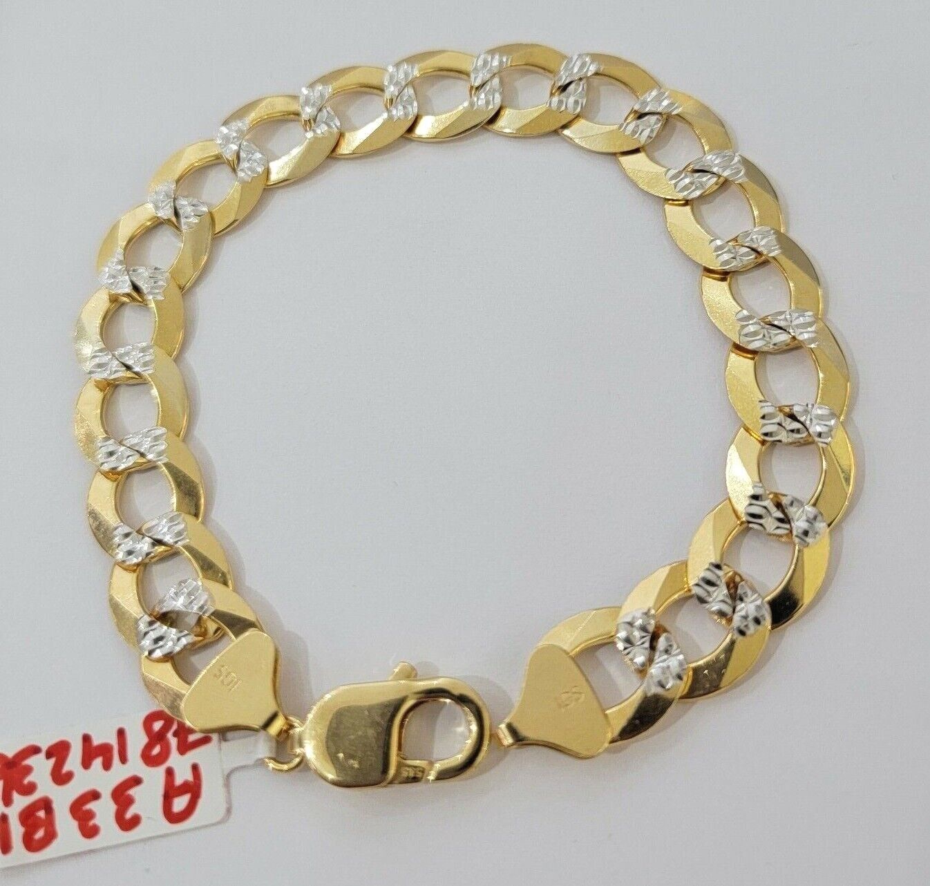 Solid 14k Gold Cuban Curb link Bracelet 9 Inch 13.5mm Two - Tone Diamond Cut Heavy - GoldenlinQ