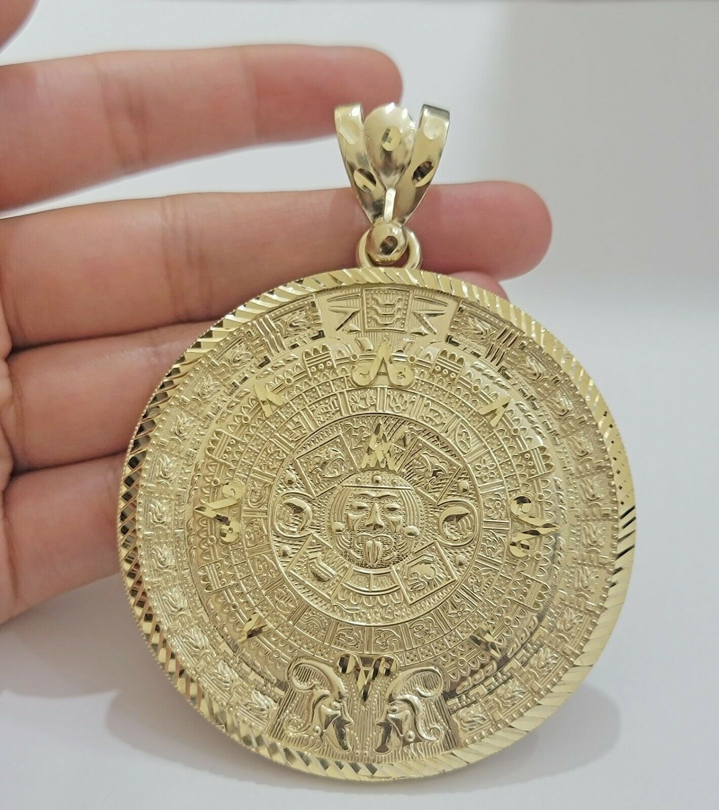 SOLID Real 10kt Yellow Gold Pendant Aztec Mayan Calendar 2.5" Men's Round Charm - GoldenlinQ