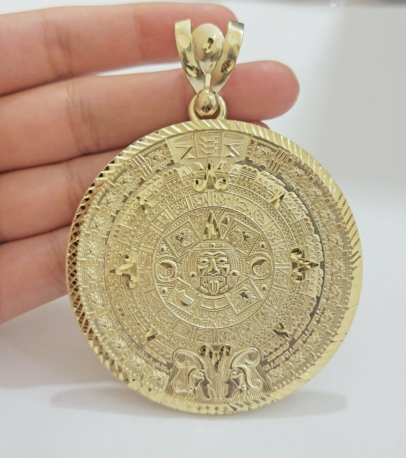 SOLID Real 10kt Yellow Gold Pendant Aztec Mayan Calendar 3" Men Charm 41 - 44 Gram - GoldenlinQ