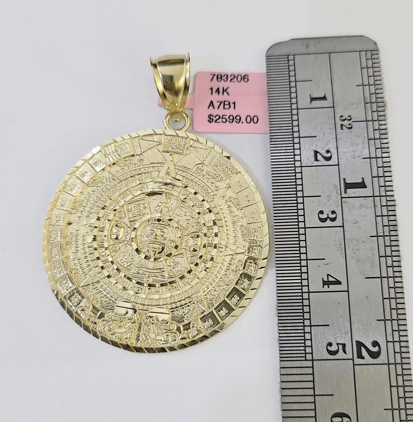 SOLID Real 14k Gold Charm Pendant Aztec Mayan Calendar 2" Men's Round Style 14k - GoldenlinQ