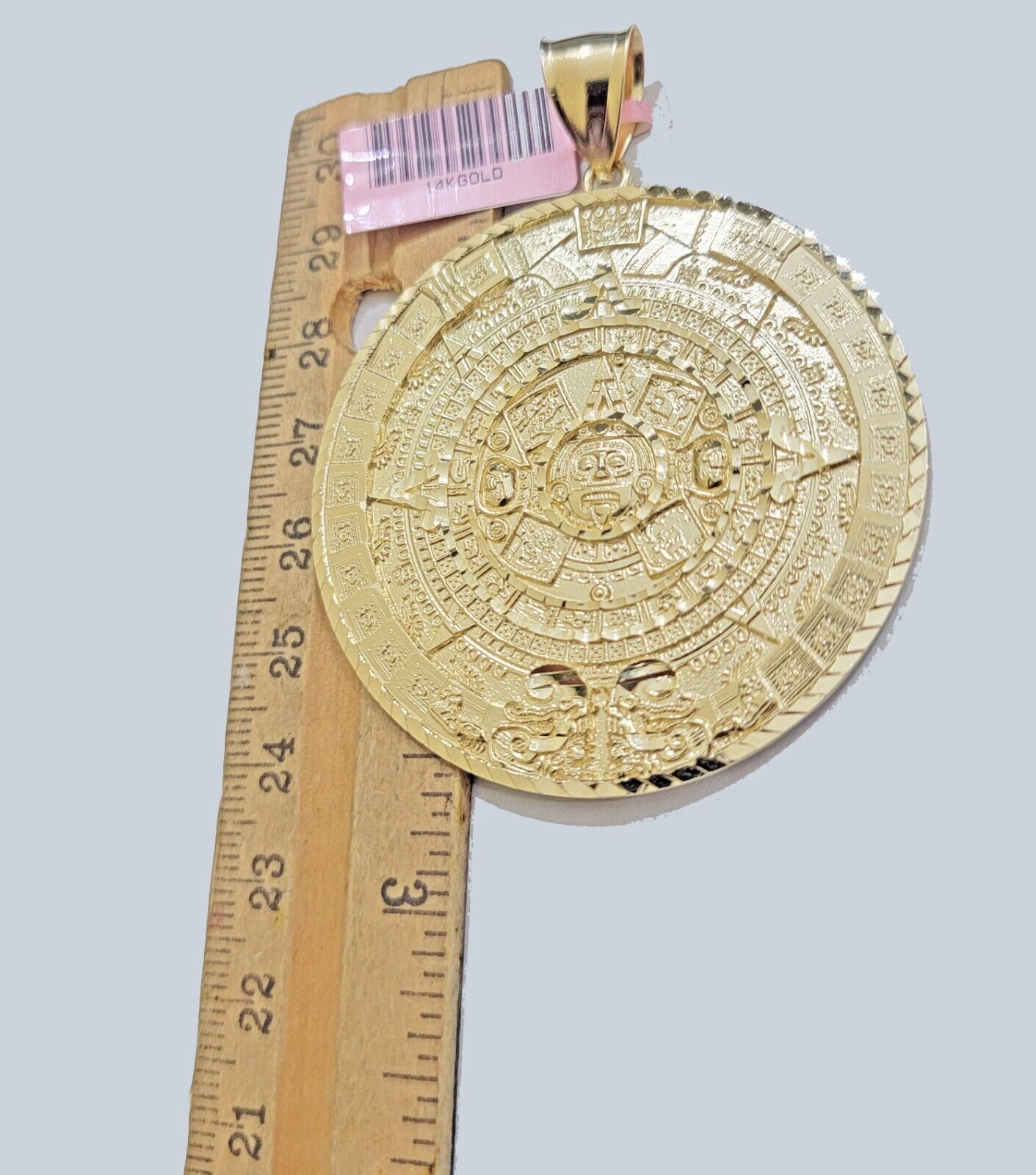 SOLID Real 14kt Yellow Gold Pendant Aztec Mayan Calendar 2.5" Men's Round Charm - GoldenlinQ