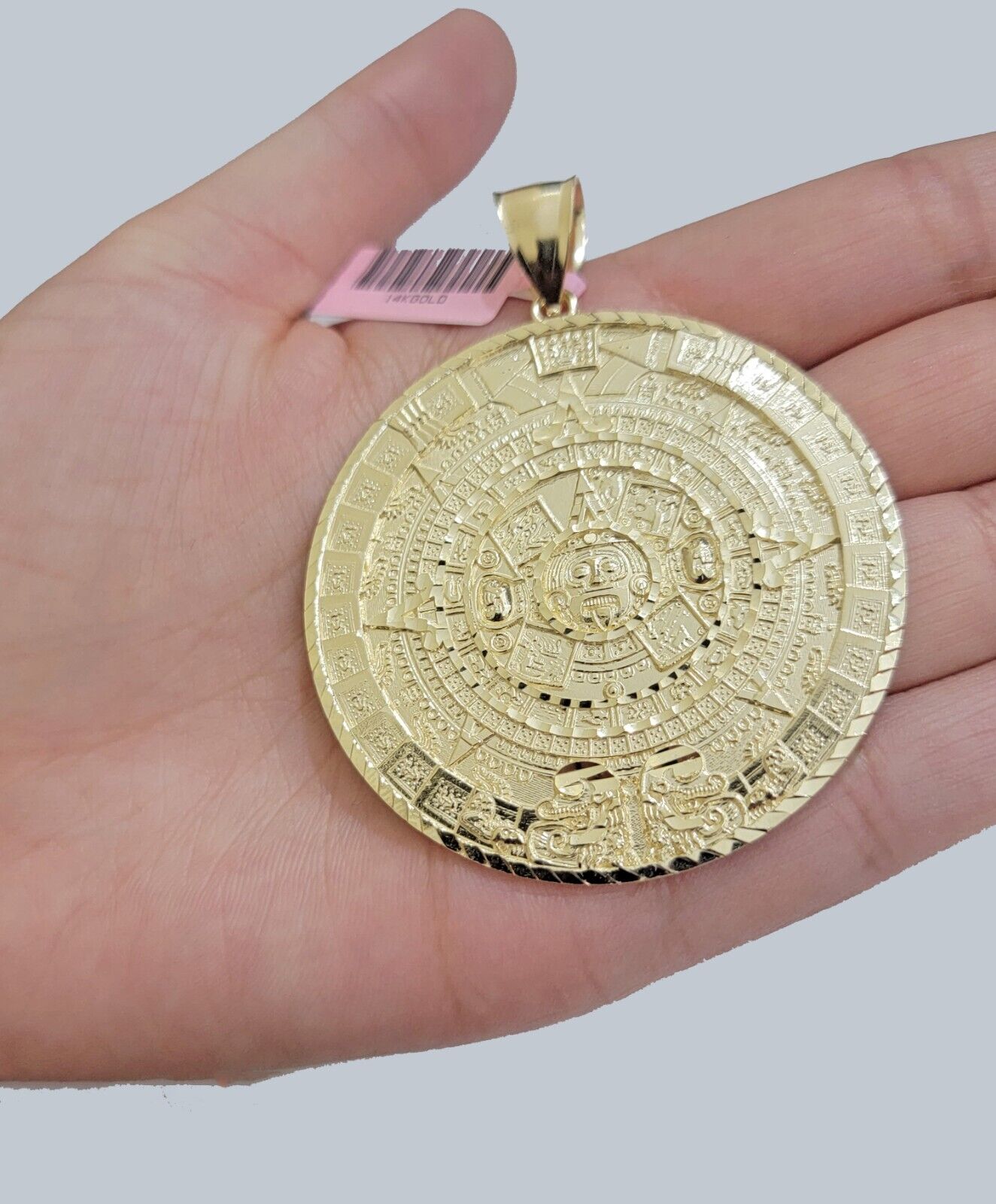 SOLID Real 14kt Yellow Gold Pendant Aztec Mayan Calendar 3.2" Men's Round Charm - GoldenlinQ