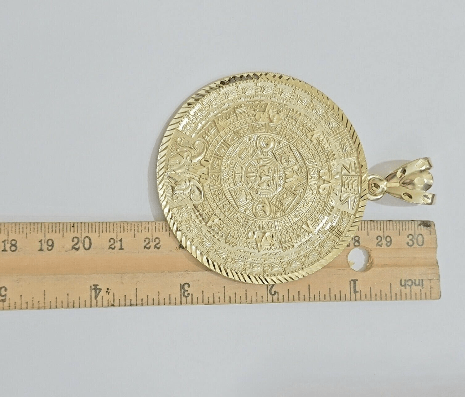 SOLID Real 14kt Yellow Gold Pendant Aztec Mayan Calendar 3.2" Men's Round Charm - GoldenlinQ