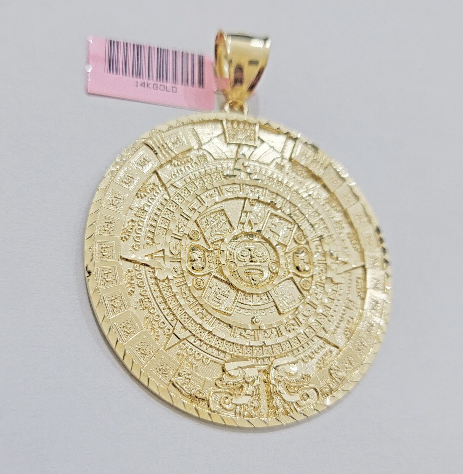 SOLID Real 14kt Yellow Gold Pendant Aztec Mayan Calendar 3.2" Men's Round Charm - GoldenlinQ