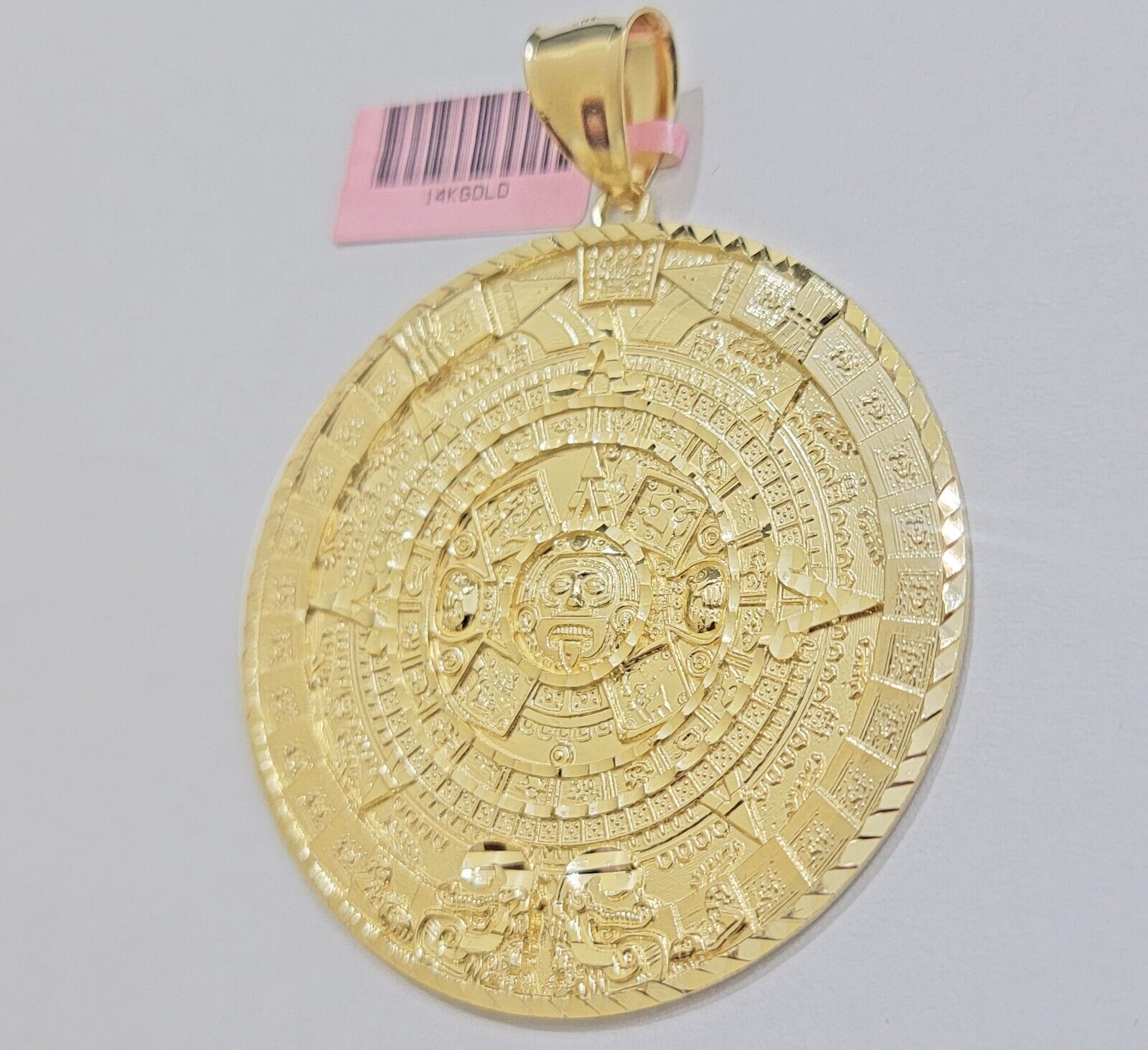 SOLID Real 14kt Yellow Gold Pendant Aztec Mayan Calendar 3.2" Men's Round Charm - GoldenlinQ