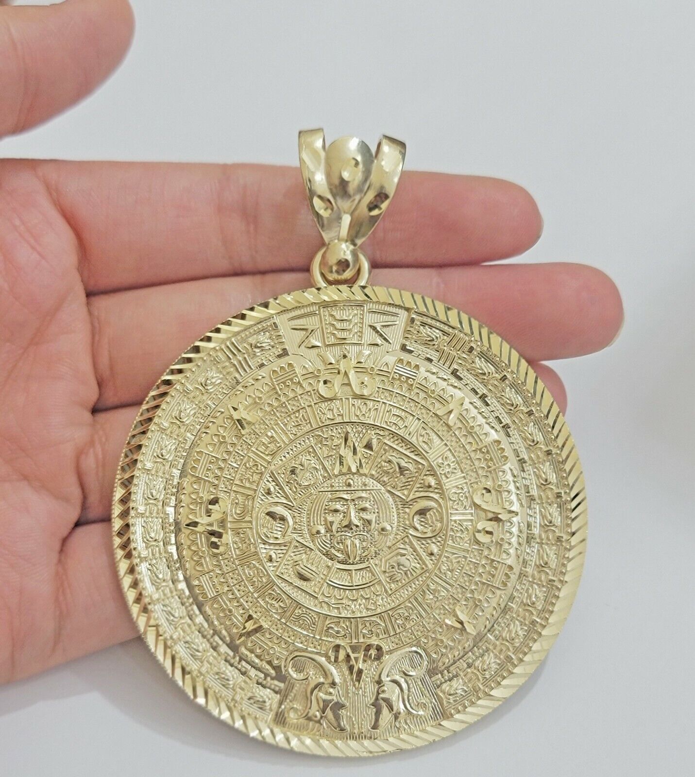 SOLID Real 14kt Yellow Gold Pendant Aztec Mayan Calendar 3.2" Men's Round Charm - GoldenlinQ